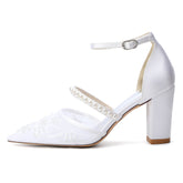 Chunky Heel 8.5cm Lace Silk-Like Pearl Embroidered Mesh Shoes CK0500