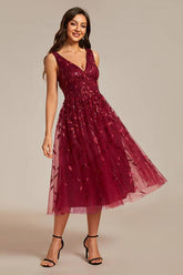 A-Line Tea Length Glitter Dress CM0195 - COCOMELODY