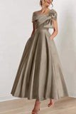 Elegant A-Line Ankle Length Mother Bride Dress Satin with Bow Off the Shoulder Pleated Wedding Guest Dress COCOMELODY CM0333