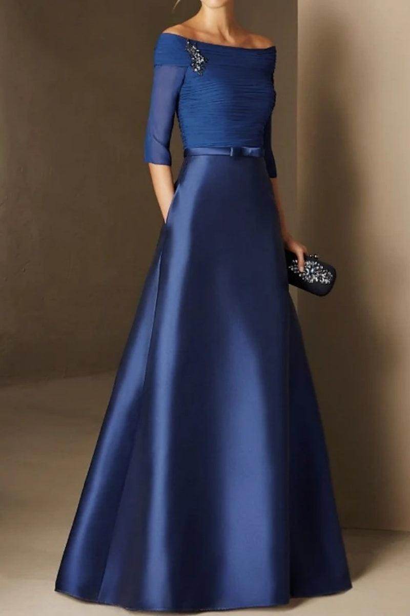 A-Line Floor Length Satin Elegant Mother of the Bride Dresses with Short Sleeve Appliqued Mother Dress Formal COCOMELODY CM0339