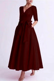 A Line V Neck 3/4 Length Sleeve Tea Length Satin Mother Dresses CM0344