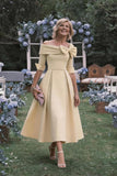 A Line Cowl Neck 3/4 Sleeves Tea Length Elegant Mother Dresses CM0348