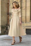 A Line Cowl Neck 3/4 Sleeves Tea Length Elegant Mother Dresses CM0348