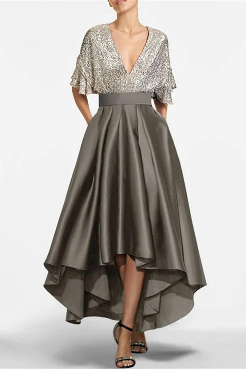 A Line V Neck Half Sleeves Asymmetrical Mother of the Bride Dresses CM0356 - COCOMELODY