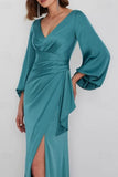 A Line Floor Length Long Sleeve V Neck Mother Dresses CM0362 - COCOMELODY
