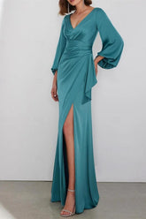 A Line Floor Length Long Sleeve V Neck Mother Dresses CM0362 - COCOMELODY