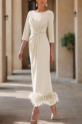 Sheath Column Scoop Neck Ankle Length Feather Mother Dresses CM0378 - COCOMELODY