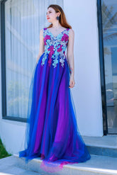 A-Line Sweep-Brush Train Tulle Prom Dress CS0500 - COCOMELODY