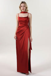 Sheath-Column Maxi Luxe Satin Bridesmaid Dress CS0599BM - COCOMELODY