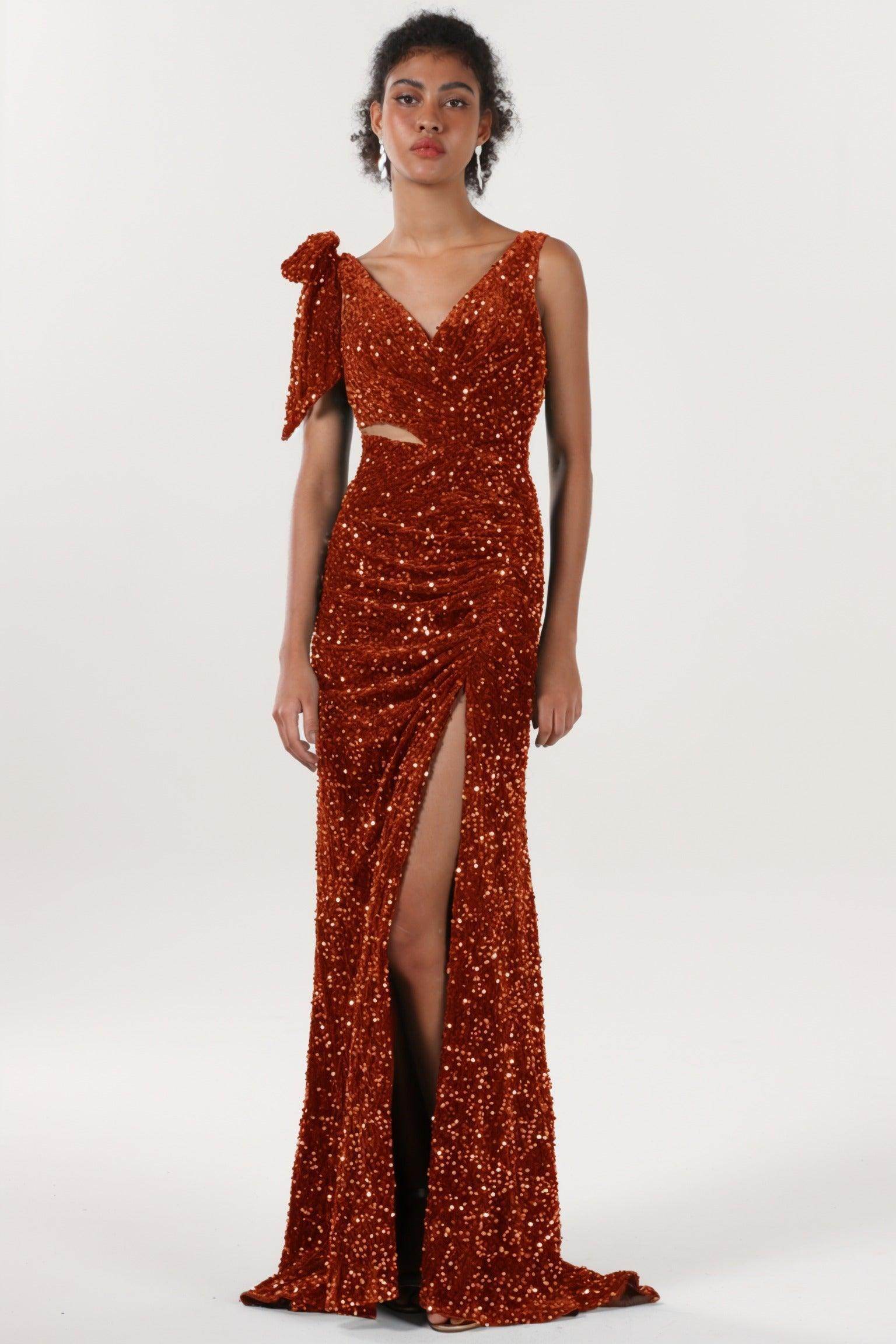 Sheath-Column Sweep-Brush Train Velvet Sequin Bridesmaid Dress CS0633BM - COCOMELODY