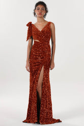 Sheath-Column Sweep-Brush Train Velvet Sequin Bridesmaid Dress CS0633BM - COCOMELODY