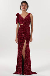 Sheath-Column Sweep-Brush Train Velvet Sequin Bridesmaid Dress CS0633BM - COCOMELODY