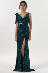 Sheath-Column Sweep-Brush Train Velvet Sequin Bridesmaid Dress CS0633BM - COCOMELODY