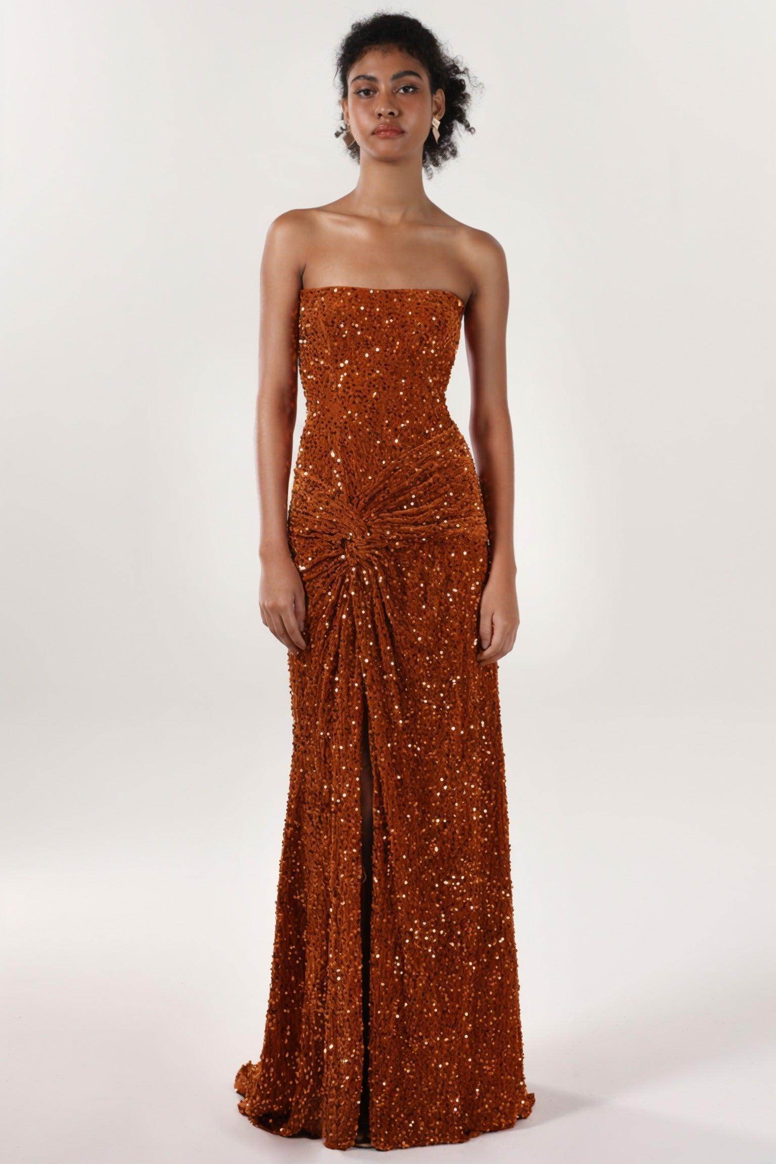 Sheath-Column Sweep-Brush Train Velvet Sequin Bridesmaid Dress CS0634BM - COCOMELODY