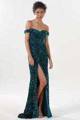 Sheath-Column Sweep-Brush Train Velvet Sequin Formal Dress CS0639 - COCOMELODY