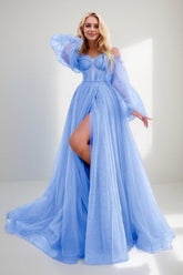 A-Line Sweep-Brush Train Tulle Prom Dress CS0701 - COCOMELODY