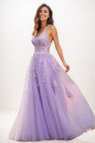 Lace V-Neck Corset A-Line Floor-Length Tulle Prom Dresses CS0723 - COCOMELODY