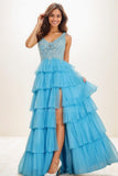 Dreamy Lace V-Neck A-Line Floor-Length Tulle Prom Dresses CS0736 - COCOMELODY
