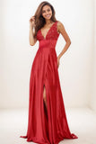 V-Neck A-Line High Split Sweep Train Charmeuse Prom Dresses CS0742 - COCOMELODY
