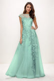Illusion Neck A-Line Sweep Train Lace/Tulle Prom Dresses CS0747 - COCOMELODY