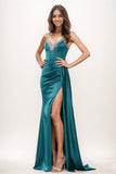 Sparkle V-Neck Acetate Satin Prom Dresses With Sweeping Side Drape CS0751 - COCOMELODY