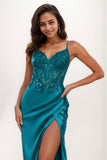 V-Neck Lace Corset High Split Sweep Train Prom Dresses CS0770 - COCOMELODY