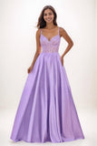 V-Neck Lace Illusion Corset A-Line Satin Prom Dresses CS0780 - COCOMELODY