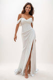 Elegant Off-The-Shoulder High Split Sweep Train Elastic Satin Prom Dresses CS0781 - COCOMELODY