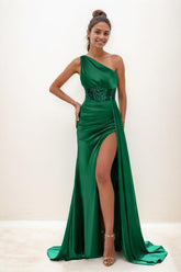 One-Shoulder Sequins High Split Satin Prom Dresses CS0797 - COCOMELODY