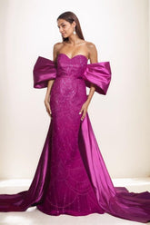 Off-The-Shoulder Sweep Train Satin/Lace Prom Dresses CS0799 - COCOMELODY