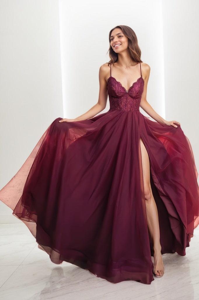 V-Neck Lace Corset High Split Sweep Train Prom Dresses CS0805 - COCOMELODY