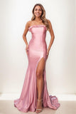 Ruffle High Split Sweep Train Silk Like Satin Prom Dresses CS0806 - COCOMELODY
