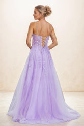 V Neck Lace Illusion Corset A Line Sweep Train Tulle Prom Dresses CS0813 - COCOMELODY