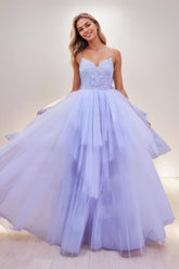 V Neck Spaghetti Straps Lace A Line Floor Length Tulle Prom Dresses CS0814 - COCOMELODY