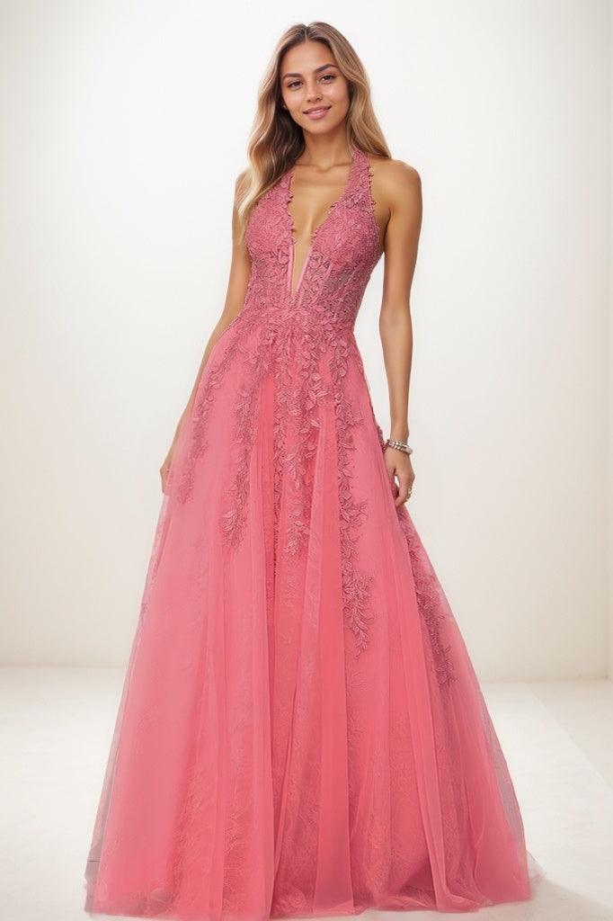 Shiny Halter Lace Illusion Corset A Line Sweep Prom Dresses CS0815 - COCOMELODY