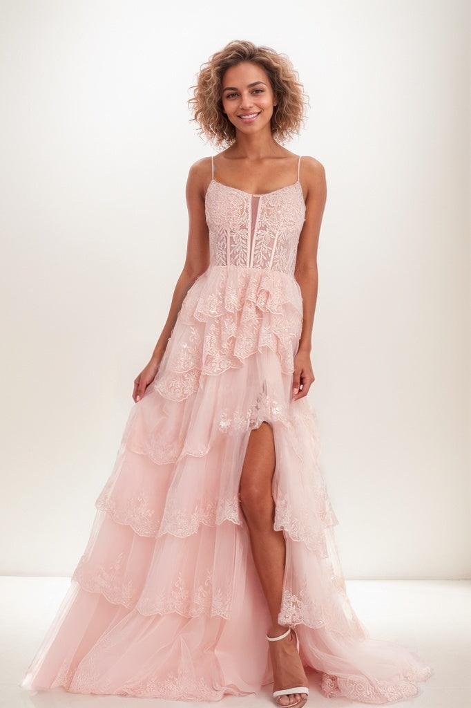 Cowl Neck Spaghetti Straps Lace Corset A Line Tulle Prom Dress CS0816 - COCOMELODY