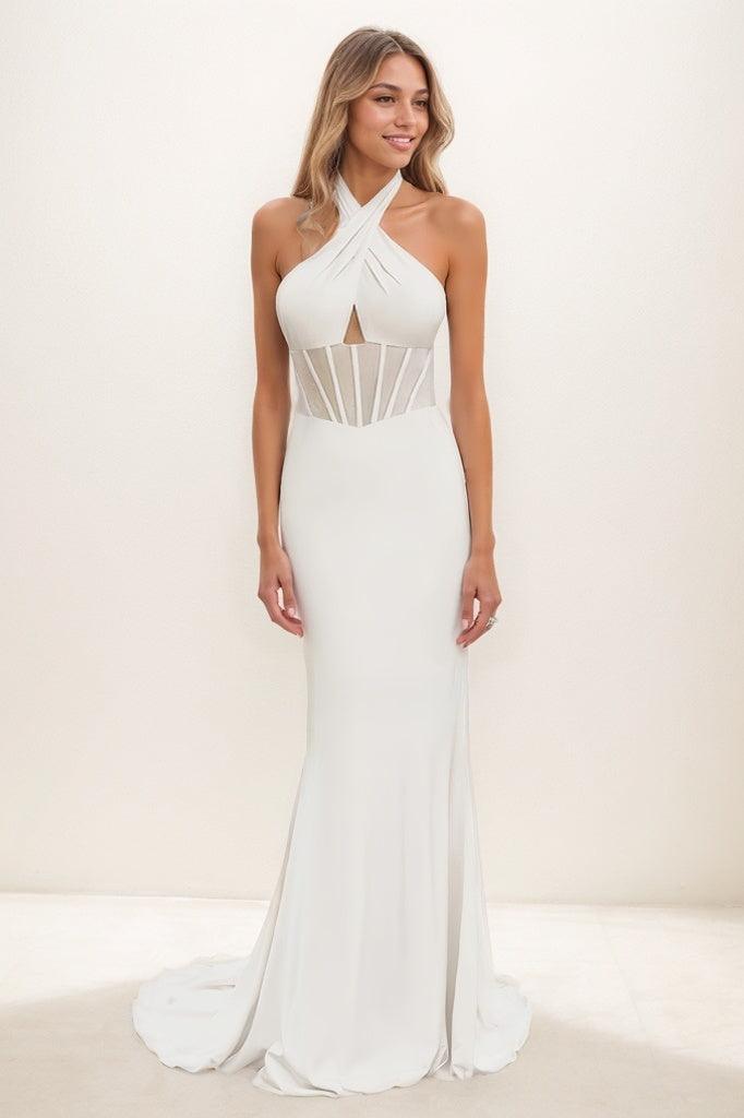 Modest Halter Sleeveless Outcut Elastic Satin Prom Dresses CS0822 - COCOMELODY