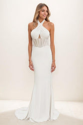 Modest Halter Sleeveless Outcut Elastic Satin Prom Dresses CS0822 - COCOMELODY