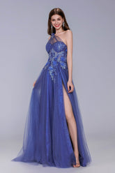 A-Line Sweep-Brush Train Tulle Prom Dress CS1069 - COCOMELODY