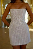 Sheath-Column Strapless Short Pearls Sequin Little White Dress CS1075CW