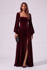 A-Line Floor Length Velvet Special Occasion Dress CS1085 - Wine - COCOMELODY