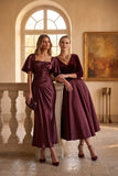 A-Line Tea Length Satin Velvet Special Occasion Dress CS1090 - Wine - COCOMELODY