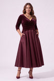 A-Line Tea Length Satin Velvet Special Occasion Dress CS1090 - Wine - COCOMELODY