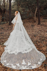 Two-tier Lace Edge Tulle Cathedral Veils Appliques CV0192 - COCOMELODY