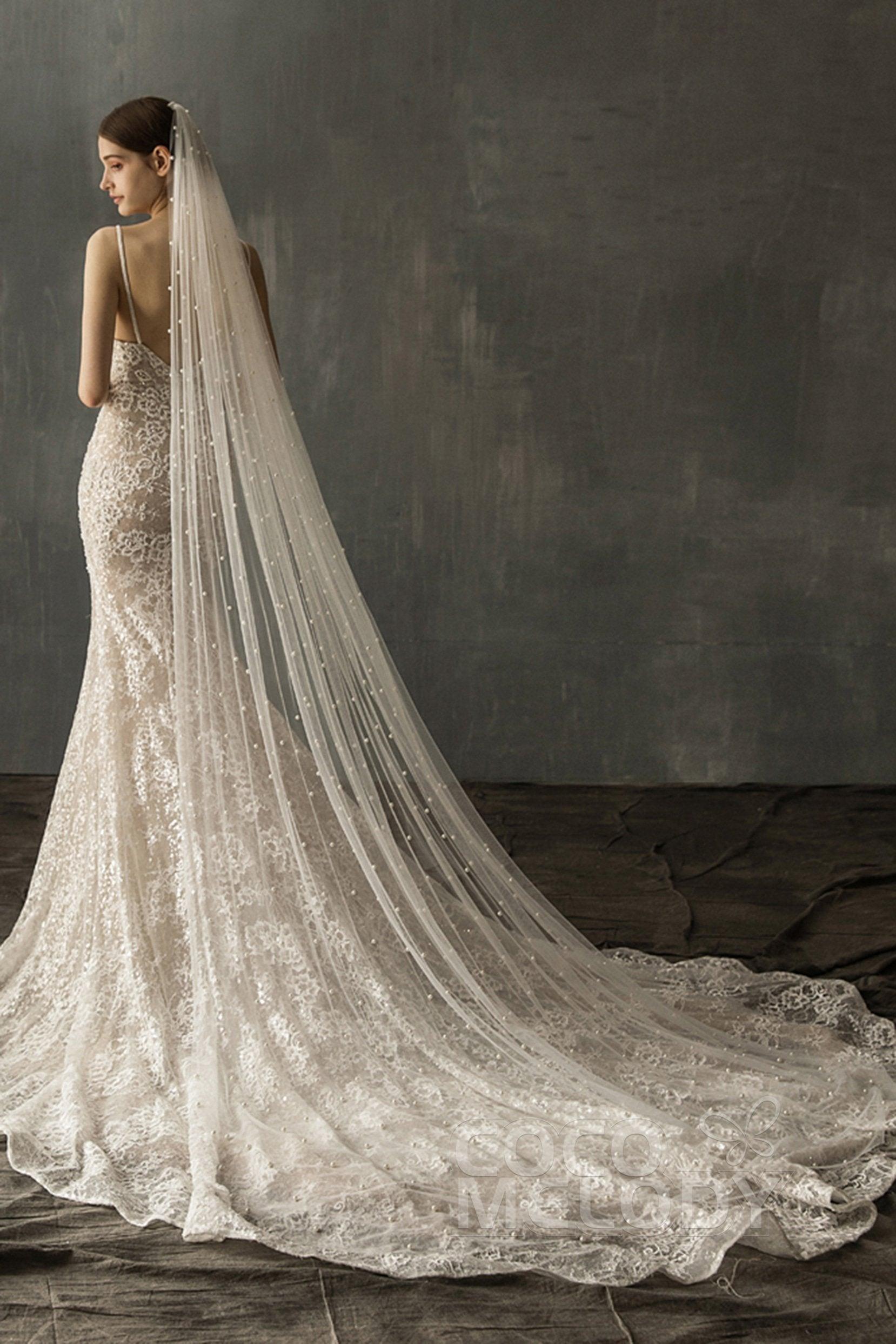 Elegant One-tier Cut Edge Tulle Chapel Veils Pearls CV0199 - COCOMELODY