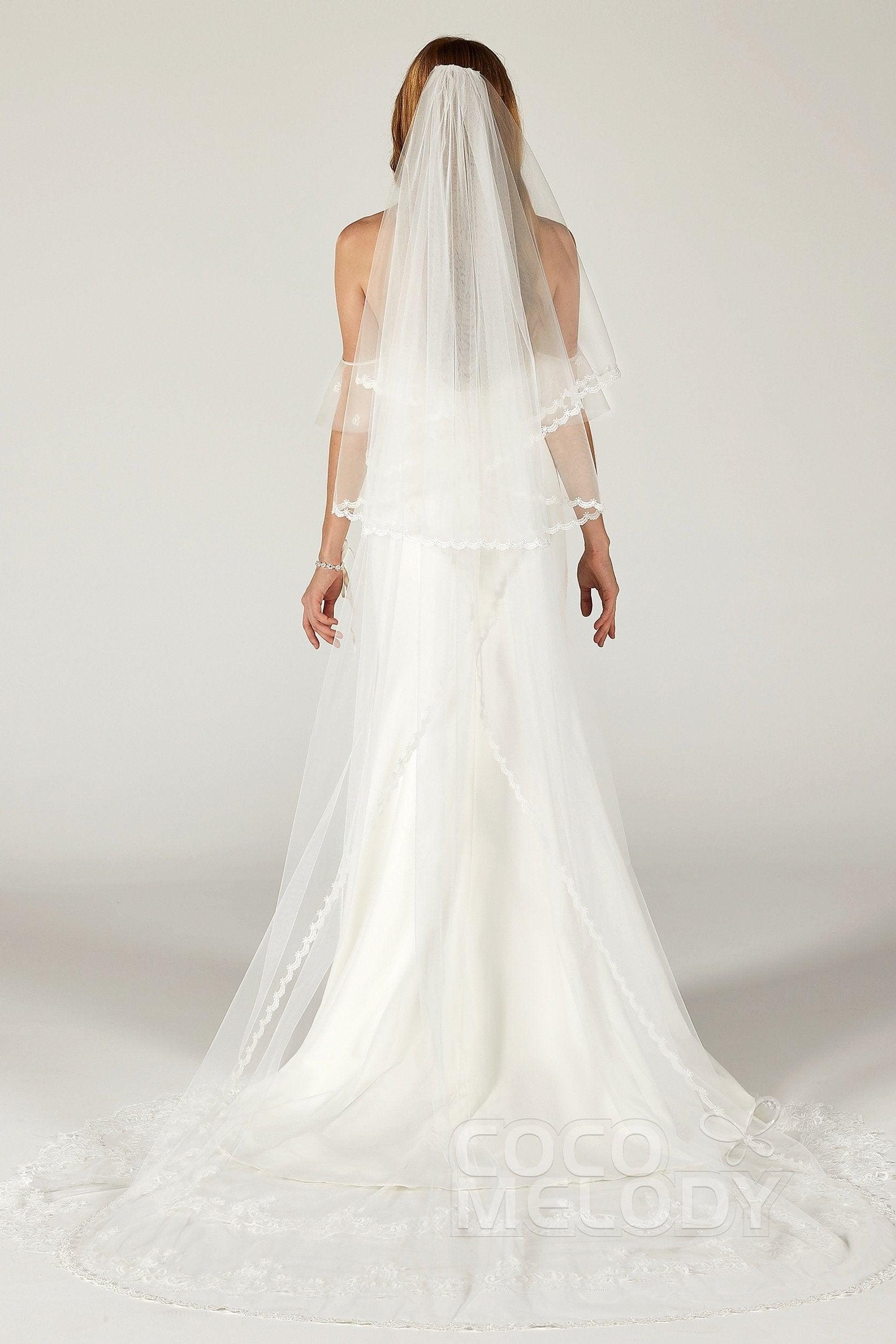 Two-tier Lace Edge Tulle Chapel Veils with Appliques CV0210 - COCOMELODY