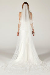 Two-tier Lace Edge Tulle Chapel Veils with Appliques CV0210 - COCOMELODY