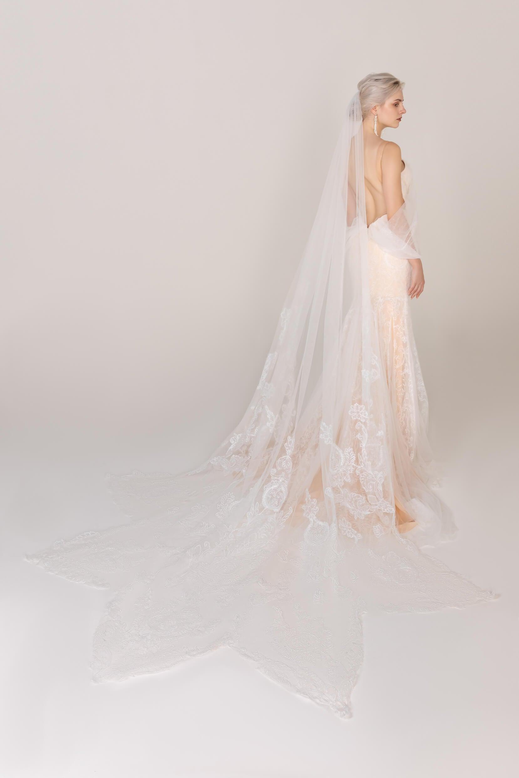 One-tier Lace Edge Tulle Cathedral Veils Appliques CV0245 - COCOMELODY