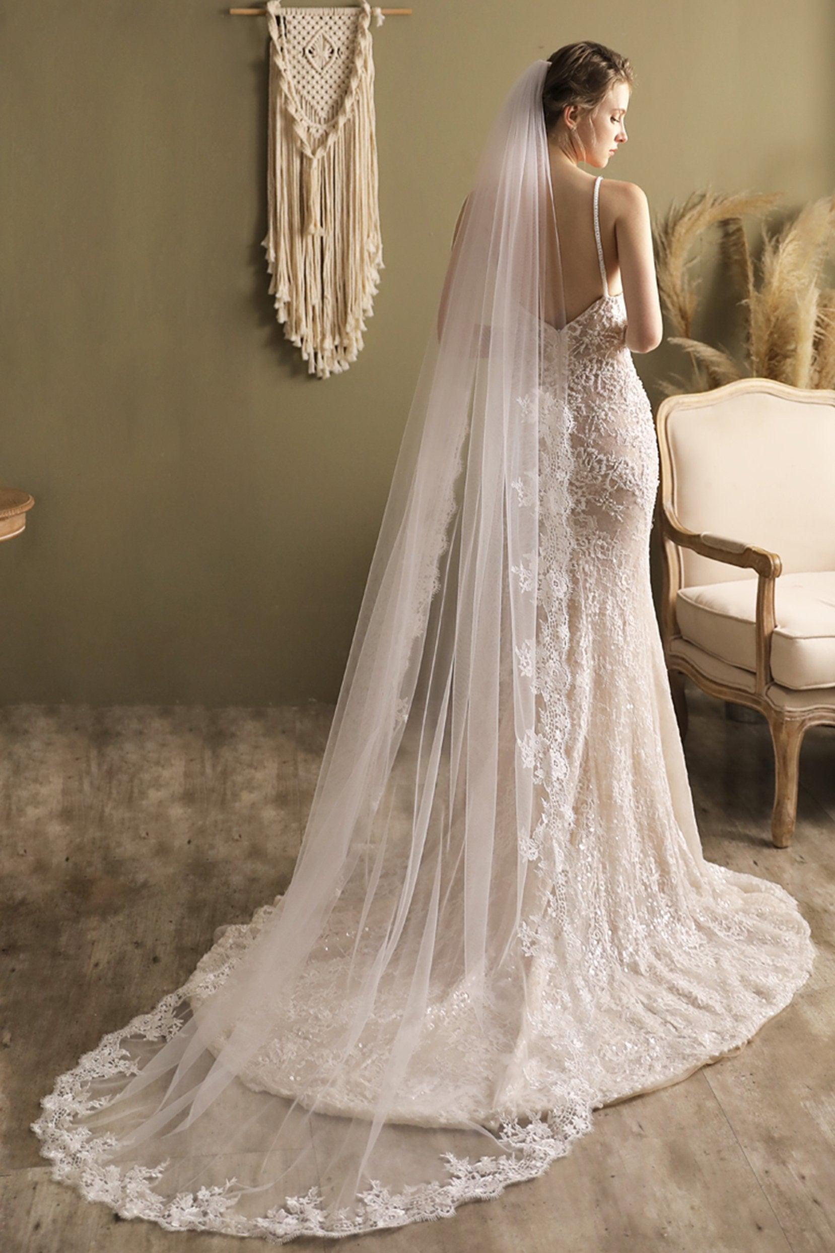 One-tier Lace Edge Tulle Chapel Veils with Appliques CV0264 - COCOMELODY