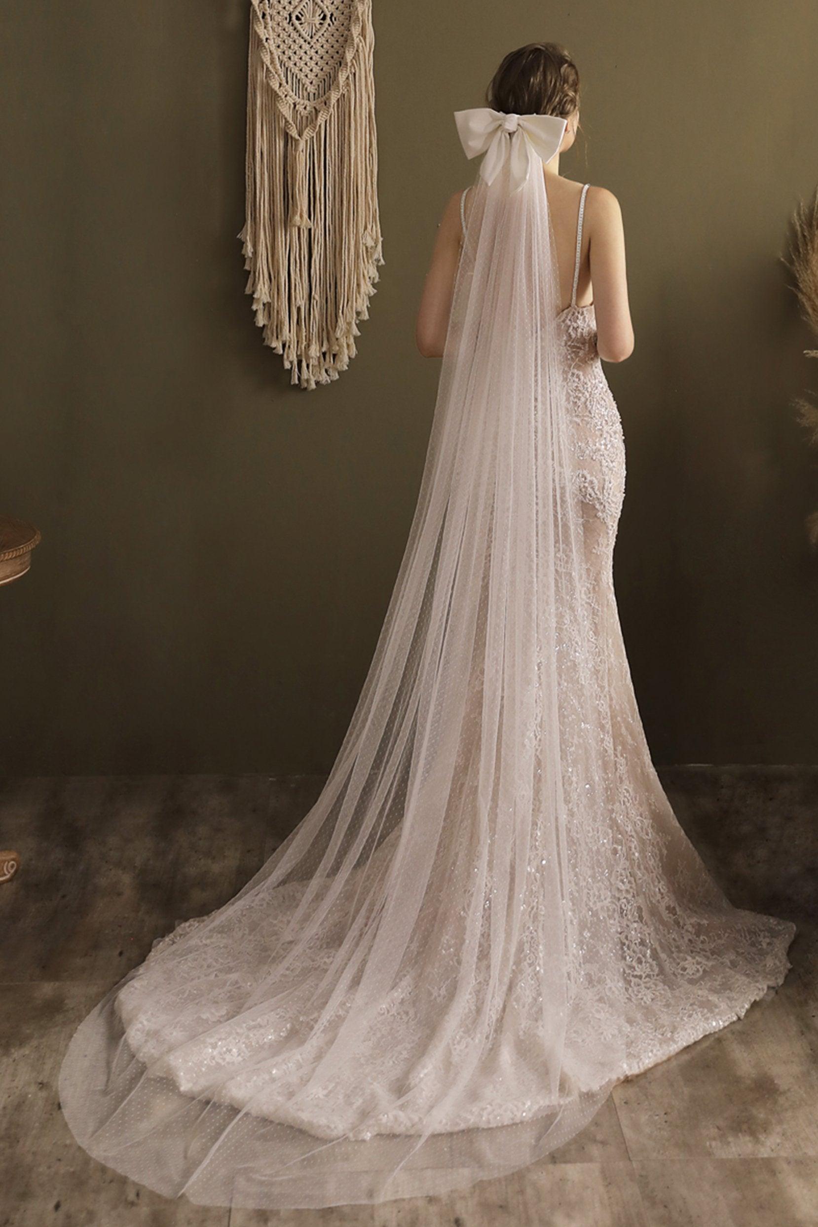 One-tier Cut Edge Voile Chapel Veils with Bow CV0265 - COCOMELODY
